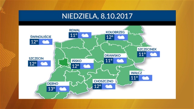 Niedziela będzie chłodna - w całym regionie temperatury będą wahać się od 11 stopni Celsjusza na wschodzie regionu, do 13 stopni Celsjusza na zachodzie. Lekkie zachmurzenie, nie powinno padać. Ciśnienie niskie i będzie rosnąć. Wiatr słaby.
