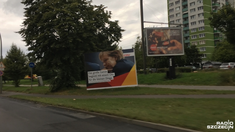 Plakat Angeli Merkel. Fot. Sławomir Orlik [Radio Szczecin]