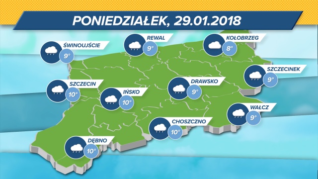 Pochmurno, deszczowo, ale całkiem ciepło - taka pogoda zapowiada się w poniedziałek. W ciągu dnia termometry w regionie będą wskazywać od 8 do 10 stopni Celsjusza.