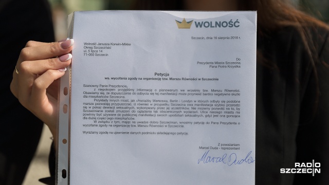 Partia Wolność sprzeciwia się Marszowi Równości w Szczecinie. Działacze Janusza Korwin-Mikkego zbierają podpisy do prezydenta Piotra Krzystka. Nie chcą, aby wydał zgodę na marsz homoseksualistów a także środowisk ich wspierających.