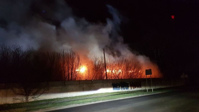 Ogień na byłych terenach wojskowych położonych w pobliżu ulicy Do Rajkowa w Szczecinie. Gasi go pięć zastępów strażaków.