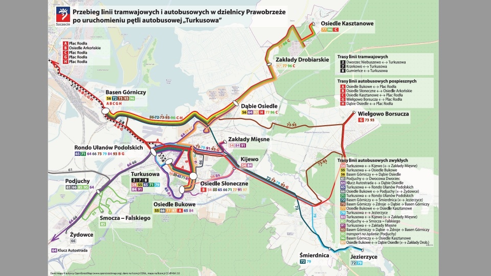 Przebieg linii tramwajowych i autobusowych w dzielnicy Prawobrzeże po uruchomieniu pętli autobusowej "Turkusowa". Mat. ZDiTM