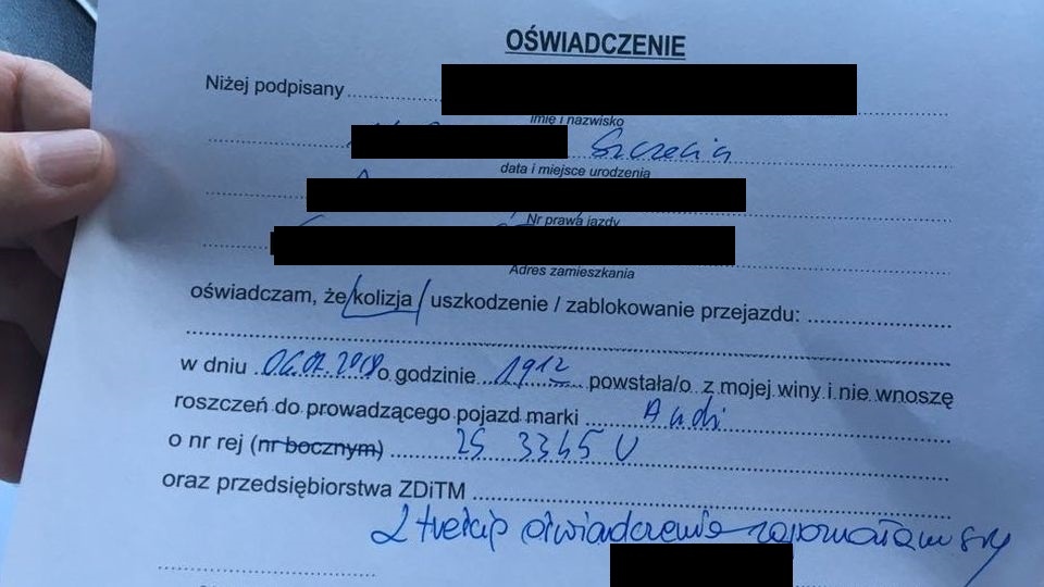 Zdjęcie oświadczenia ze wszystkimi danymi kierowcy autobusu. Zostały ukryte przez Radio Szczecin. Fot. twitter.com/SlawomirNitras