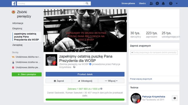 Początkowo miał być tysiąc złotych, ale kwota przekroczyła już milion sześćset tysięcy i cały czas rośnie.