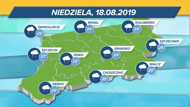 Nad całym regionem deszczowe i burzowe chmury. Jednak będzie ciepło termometry wskażą maksymalnie 24-27 stopni Celsjusza. Ciśnienie w normie.