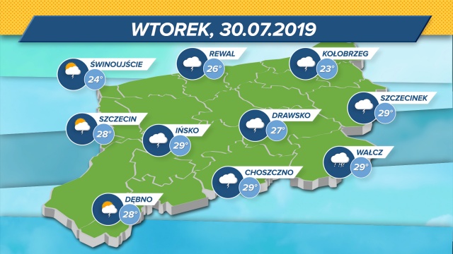W regionie po południu zapowiada się burzowe zachmurzenie. Termometry wskażą maksymalnie 24-29 stopni w skali Celsjusza. A to oznacza możliwość wyładowań. Ciśnienie średnie.