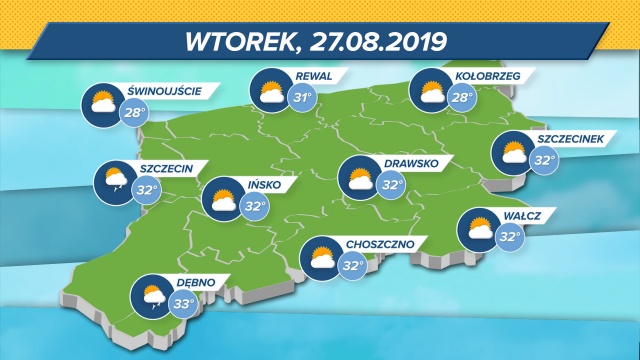 Zmierzający ku końcowi sierpień pozwoli się zapamiętać turystom i mieszkańcom regionu. Maksymalne wskazania termometrów: 28-33 kresek w skali Celsjusza. Ciśnienie wysokie. Białe chmurki na niebie.