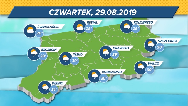 Dzień zapowiada się bardzo ciepły termometry wskażą maksymalnie 25-31 stopni w skali Celsjusza. Ciśnienie w normie. Możliwe burze z piorunami.