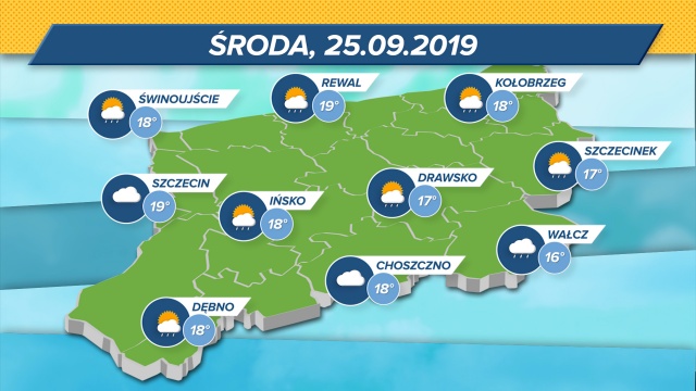 Nad całym regionem chmury, co oznacza deszcz i - prawdopodobnie - wysyp grzybów. Termometry wskażą 16-19 stopni w skali Celsjusza. Ciśnienie niskie, wiatr umiarkowany.