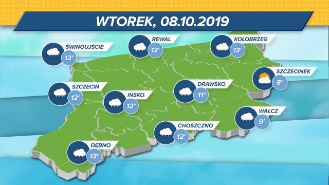Zapowiadane opady deszczu. Termometry w regionie wskażą maksymalnie 8-13 stopni w skali Celsjusza. Ciśnienie średnie, wiatr umiarkowany.