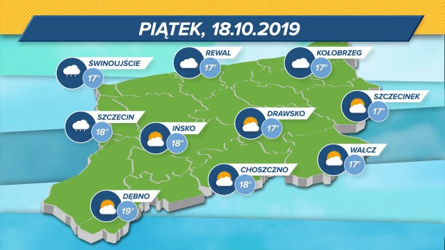 W regionie 18 stopni Celsjusza i przelotne opady deszczu. W centrum województwa w Ińsku 18 stopni, w Drawsku Pomorskim 17 stopni. Najcieplej w Dębnie, gdzie termometry wskażą 19 stopni Celsjusza. Słonecznie na wschodzie województwa, niestety pochmurno w okolicach Szczecina i w pasie nadmorskim.