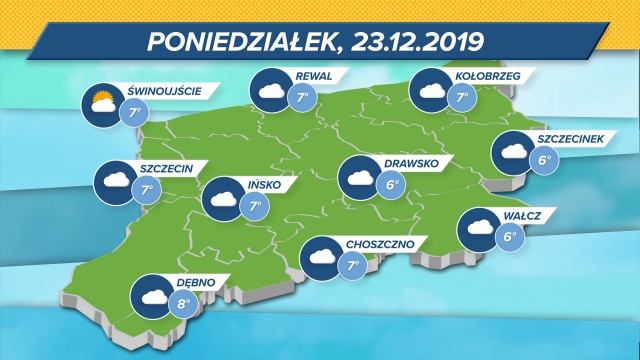 Pierwszy zimowy poniedziałek zapowiada się jesiennie: termometry w regionie wskażą maksymalnie 6-8 stopni w skali Celsjusza. Zachmurzenie całkowite, wiatr zmienny. Ciśnienie niskie. Mgła.