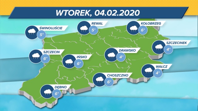Deszczowe chmury nad regionem. Termometry wskażą maksymalnie 4-6 stopni w skali Celsjusza. Ciśnienie niskie, wiatr z południowego zachodu. Wilgotność: 90
