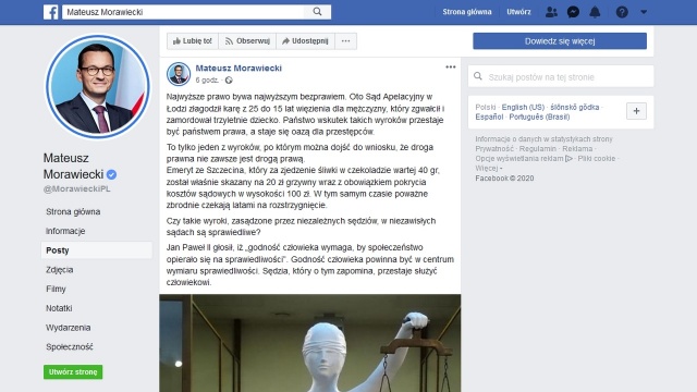 70-letni emeryt ze Szczecina zjadł cukierka w sklepie i został skazany. Jest reakcja premiera Mateusza Morawieckiego. Szef rządu pisze o sprawie na swoim Facebooku.