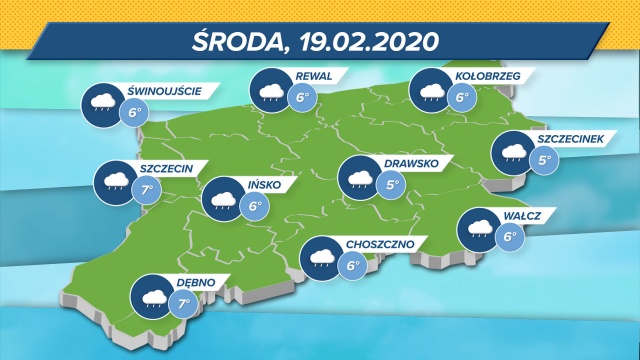 Deszczowe chmury nad regionem, przyda się parasol. Służby meteo pocieszają, że: możliwe przejaśnienia. Maksymalne wskazania termometrów: 5-7 stopni w skali Celsjusza. Wiatr z południa, ciśnienie spada.