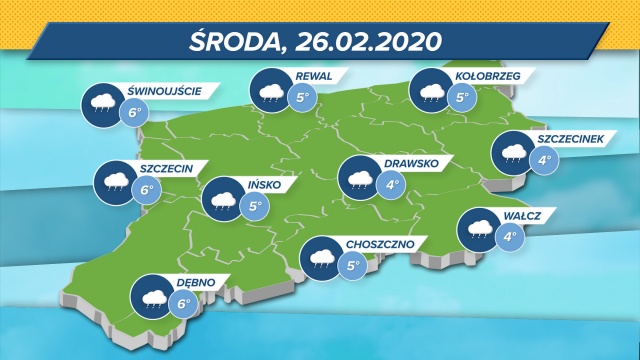 Temperatura od 4 do 6 stopni w skali Celsjusza. Pochmurno i deszczowo w całym regionie. Wiatr z południa, ciśnienie niskie.