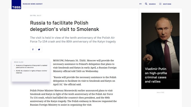Agencja TASS powołując się na rosyjskie Ministerstwo Spraw Zagranicznych poinformowała, że władze w Moskwie udzielą niezbędnej pomocy polskiej delegacji, która 10 kwietnia planuje wizytę w Smoleńsku i Katyniu.