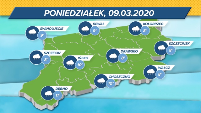 Temperatury w regionie będą utrzymywać się w granicach 8-11 stopni Celsjusza. Nad regionem spore zachmurzenie i przelotne opady deszczu.