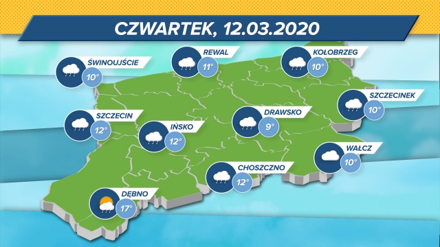 Temperatura od 9 do 17 stopni w skali Celsjusza. Pochmurno i deszczowo w całym regionie.