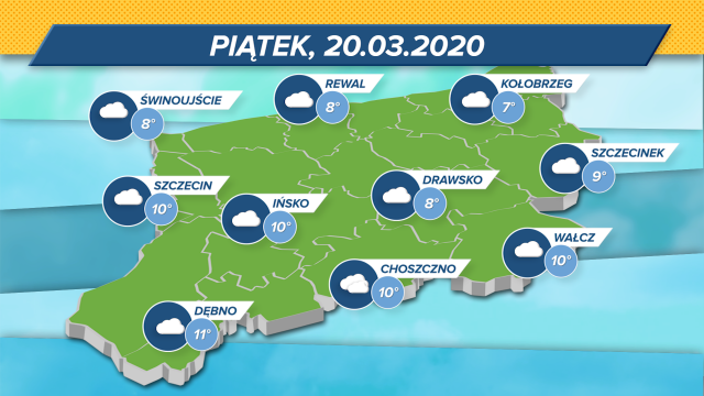 Maksymalne wskazania termometrów: 7-11 stopni w skali Celsjusza. Zachmurzenie duże, wiatr słaby i umiarkowany, ciśnienie wysokie.