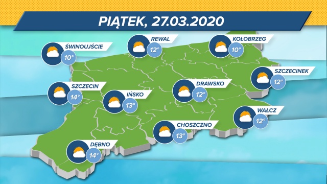 Temperatura od 10 do 14 stopni w skali Celsjusza. Zachmurzenie umiarkowane, przejaśnienia w całym regionie.