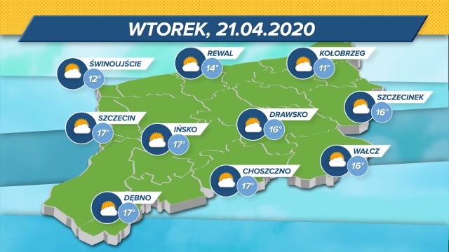 Termometry w regionie wskażą maksymalnie 11-17 stopni w skali Celsjusza. Zachmurzenie małe i umiarkowane. Ciśnienie wysokie - o poranku barometr wskazywał 1029 mbar.