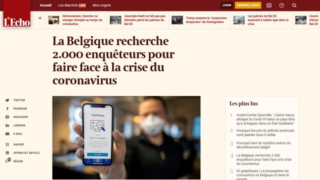 Belgia rozpoczęła rekrutację osób, które będą sprawdzały z kim zakażeni koronawirusem mieli kontakt - poinformowała gazeta LEcho.
