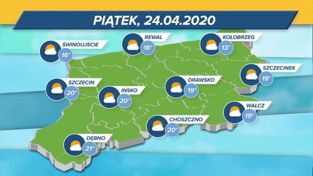 Bezdeszczowo. Maksymalne wskazania termometrów w regionie: 13-21 stopni w skali Celsjusza. Ciśnienie średnie, spada. Wiatr od Skandynawii.