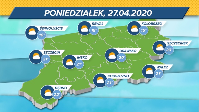 Maksymalne wskazania termometrów w regionie: 15-22 stopnie w skali Celsjusza. Wiatr słaby, ze wschodu. Ciśnienie w normie.