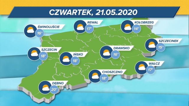Termometry w regionie maksymalnie wskażą 14-20 stopni w skali Celsjusza. Wiatr z północy, ciśnienie w normie. Zachmurzenie małe.