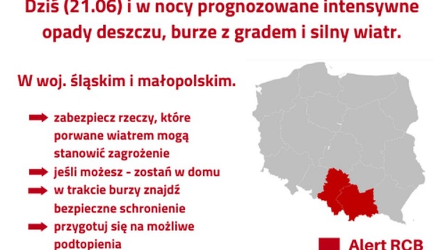 Rządowe Centrum Bezpieczeństwa ostrzega przed prognozowanymi na niedzielę burzami z gradem, ulewnymi deszczami i silnym wiatrem. Anna Adamkiewicz z RCB podkreśla, że sytuacja ma być najtrudniejsza na południu Polski.