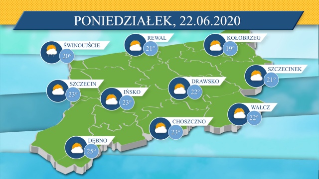 W poniedziałek nad region wróci słońce, choć mogą pojawić się przelotne zachmurzenia. Temperatury oscylują w granicach 19-25 stopni Celsjusza.