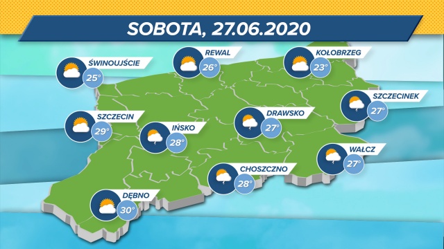 W sobotę nad regionem spore zachmurzenie, wieczorem mogą pojawić się deszczowe chmury. Temperatury oscylują w granicach 23-30 stopni Celsjusza.