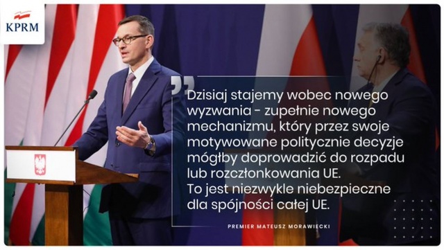 Premier Mateusz Morawiecki mówił w Budapeszcie po rozmowach z Viktorem Orbanem, że mechanizm tzw. praworządności może doprowadzić do rozpadu Unii Europejskiej.