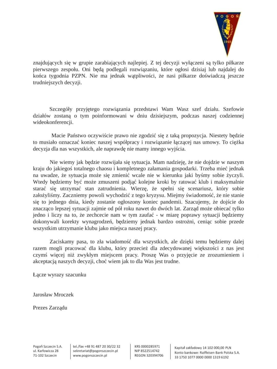 Pismo przesłane przez Jarosława Mroczka, prezesa Pogoni Szczecin. (strona 2)