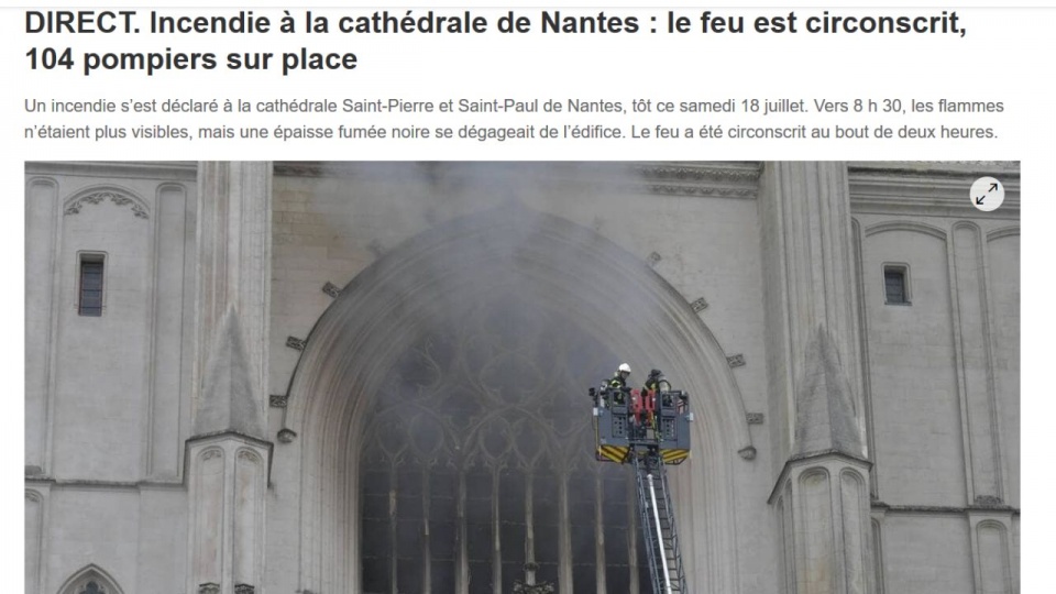 Na miejscu wciąż pracuje ponad stu strażaków, akcja dogaszania potrwa cały dzień. źródło: https://www.ouest-france.fr/pays-de-la-loire/nantes-44000/nantes-un-incendie-se-declare-a-la-cathedrale-6910957