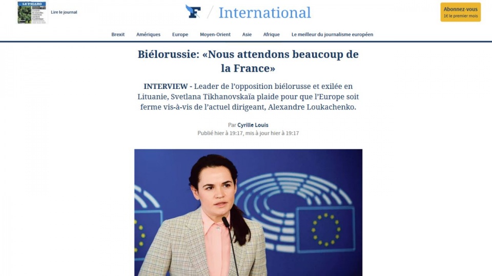 "Europa musi być odważniejsza" mówi Swiatłana Cichanouska w wywiadzie dla francuskiego dziennika "Le Figaro". źródło: https://www.lefigaro.fr/international/bielorussie-nous-attendons-beaucoup-de-la-france-20200924