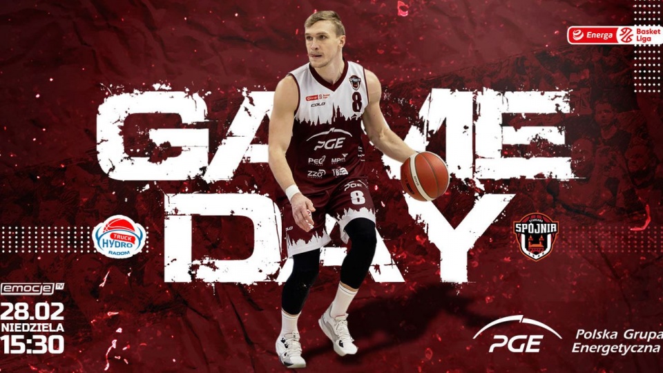Niedzielny mecz koszykarzy PGE Spójni Stargard z HydroTruckiem w Energa Basket Lidze rozpocznie się o godzinie 15.30 w Radomiu. źródło: https://www.facebook.com/SpojniaStargard