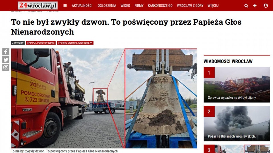 Dzwon był transportowany ze Szczecina po tym, jak w niedzielę bił na Jasnych Błonach. źródło: https://24wroclaw.pl/artykul/to-nie-byl-zwykly-dzwon/1162838