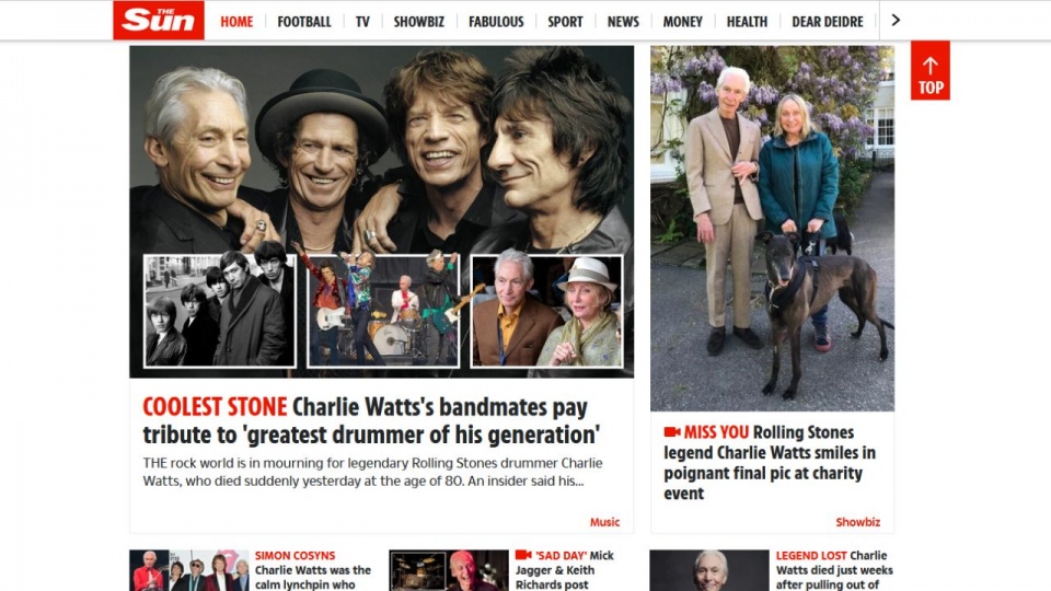 Zdjęcie Charliego Wattsa jest dziś na pierwszych stronach niemal wszystkich brytyjskich gazet. źródło: https://www.thesun.co.uk/