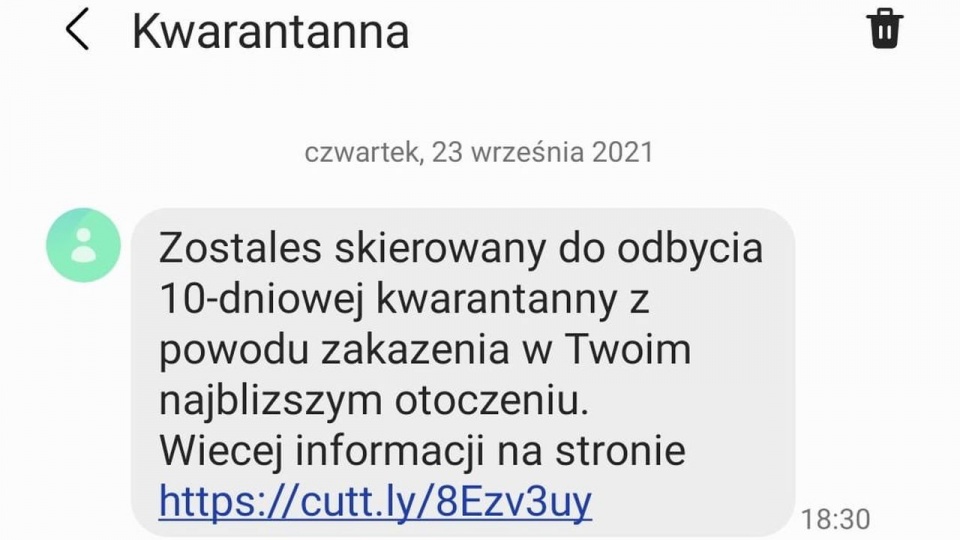 Nadawca poprzez SMS-y fałszywie informuje, że odbiorca został skierowany na "10-dniową kwarantannę z powodu zakażenia w najbliższym otoczeniu". źródło: WSSE w Szczecinie