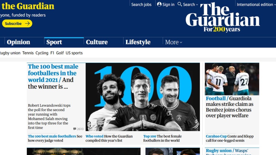 Lewandowski piłkarzem roku w plebiscycie "The Guardian". źródło: https://www.theguardian.com/uk/sport