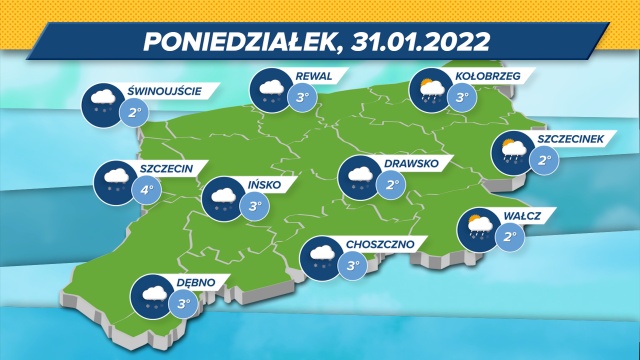 Maksymalne wskazania termometrów w regionie: 2-4 stopnie w skali Celsjusza. Wiatr z zachodu (4 kmh), ciśnienie niskie (1008,00 mbar).