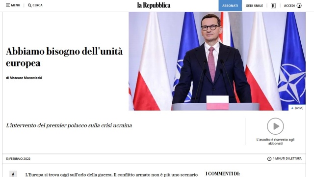 Premier Mateusz Morawiecki na łamach lewicowego włoskiego dziennika La Repubblica apeluje o jedność europejską w obliczu kryzysu wokół Ukrainy. Przestrzega, że groźba wybuchu wojny na tym tle jest bardzo realna.