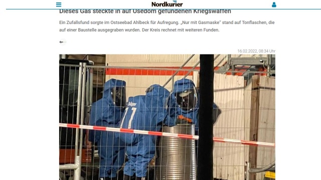 Gliniane butelki z bojowym środkiem chemicznym z okresu II Wojny Światowej znaleziono w Ahlbecku obok Świnoujścia.