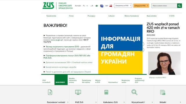 Zakład Ubezpieczeń Społecznych na swojej stronie internetowej publikuje informacje również w języku ukraińskim.