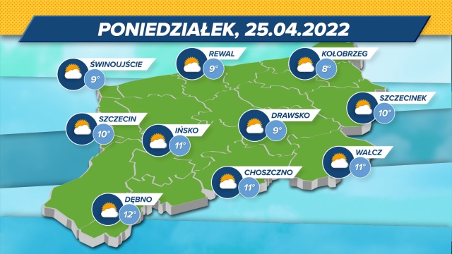 Maksymalne wskazania termometrów w regionie: 8-12 stopni w skali Celsjusza. Słaby wiatr z północy (11 kmh), ciśnienie niskie (1008.00 mbar).