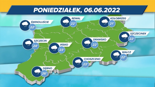Maksymalne wskazania termometrów w Zachodniopomorskiem: 21-26 stopni w skali Celsjusza. Wiatr z zachodu (21 kmh), ciśnienie w normie (1014,00 mbar).