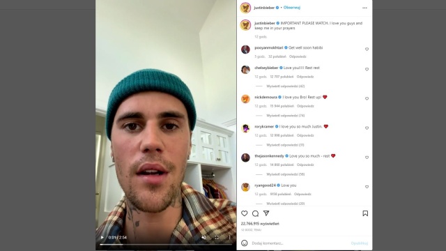 Justin Bieber właśnie ogłosił, że robi sobie przerwę w występach, ponieważ cierpi na paraliż jednej części twarzy.