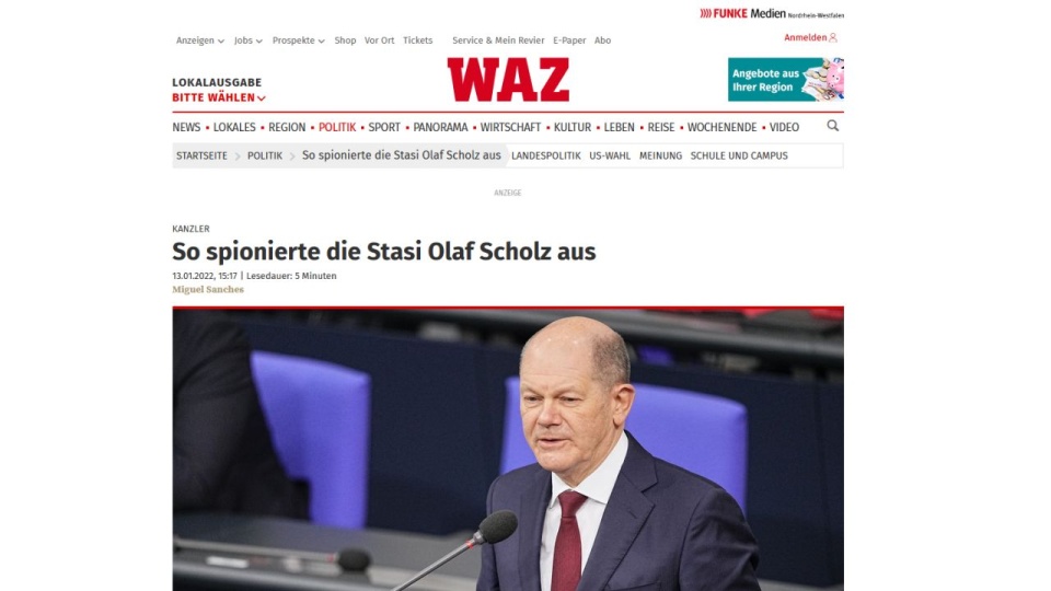 Niemieckie media komentują ujawnione niedawno informacje o inwigilacji Olafa Scholza, obecnego kanclerza Niemiec przez służby bezpieczeństwa NRD. źródło: https://www.waz.de/politik/scholz-kanzler-stasi-akten-ddr-knabe-spione-id234302041.html